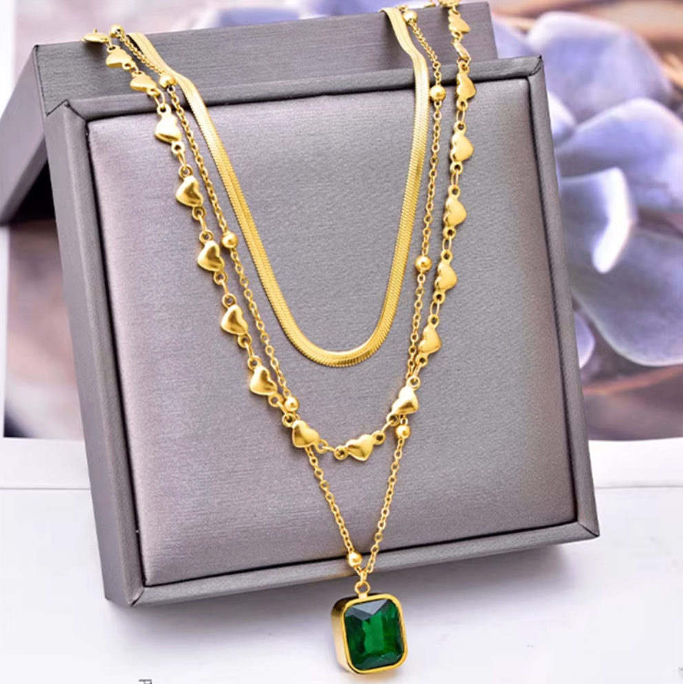 Gold Green Crystal Layered Necklace Set - Necklace - 18k Gold Plated Waterproof Jewellery - Collection 9