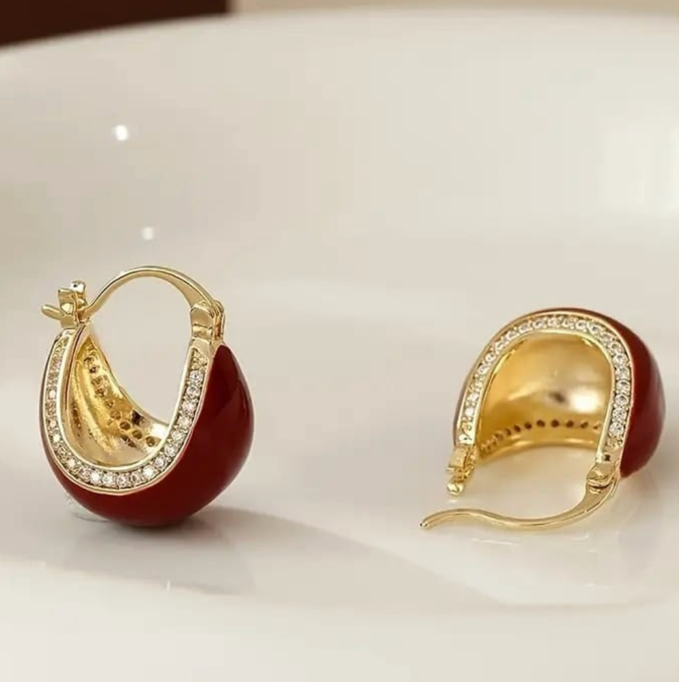 Gold Red Enamel Teardrop Hoop Earrings - Earrings - 18k Gold Plated Waterproof Jewellery - Collection 9