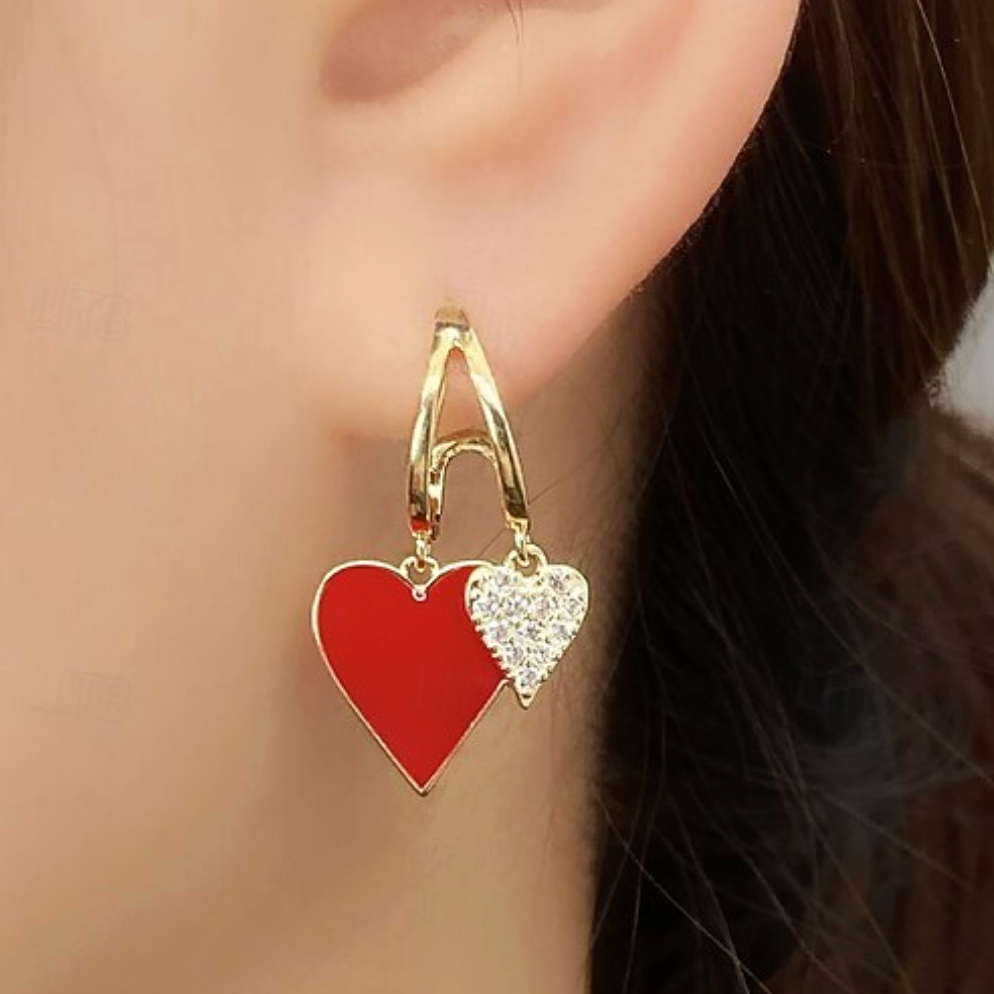 Gold Red Enamel Double Heart Drop Earrings - Earrings - 18k Gold Plated Waterproof Jewellery - Collection 9