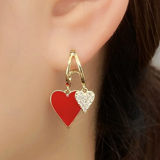 Gold Red Enamel Double Heart Drop Earrings - Earrings - 18k Gold Plated Waterproof Jewellery - Collection 9