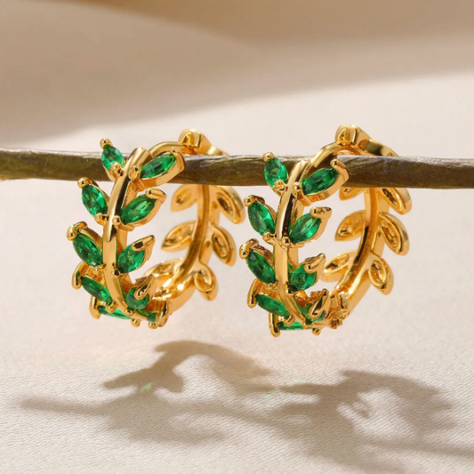 Gold Green Crystal Leaf Hoop Earrings - Earrings - 18k Gold Plated Waterproof Jewellery - Collection 9