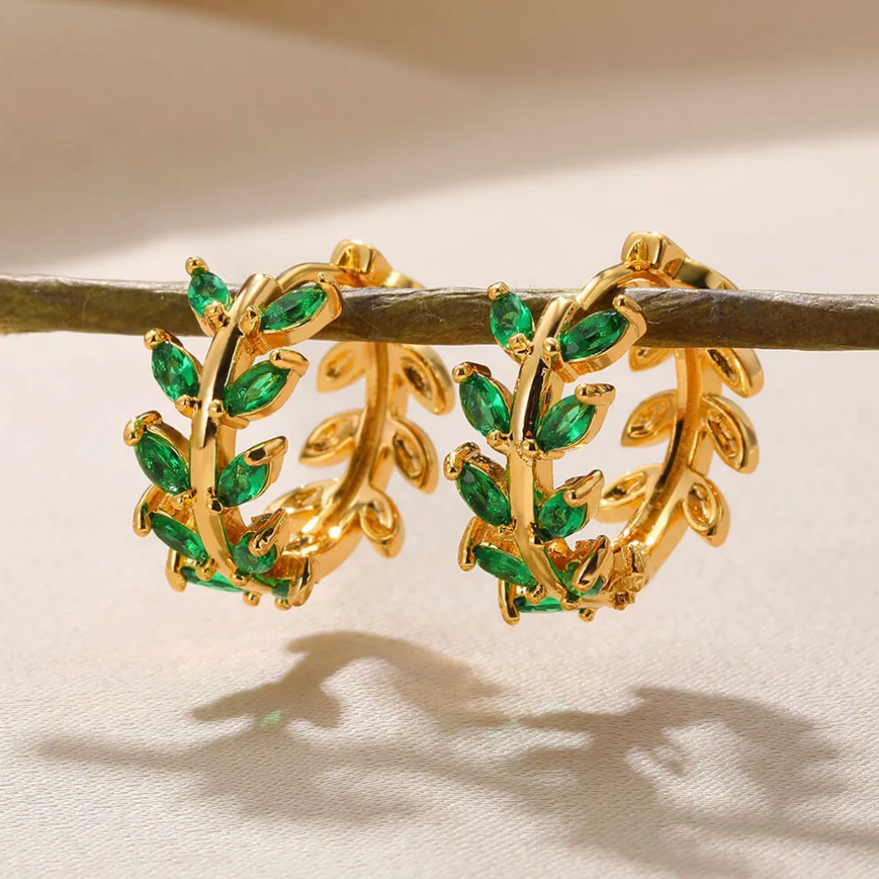 Gold Green Crystal Leaf Hoop Earrings - Earrings - 18k Gold Plated Waterproof Jewellery - Collection 9