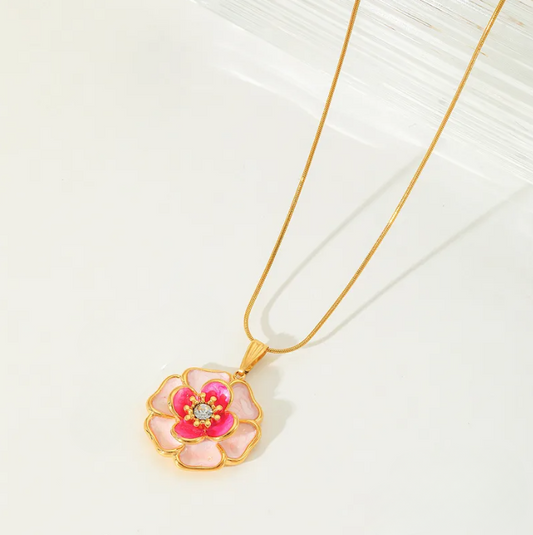 Pink Flower Pendant Necklace - Jewelry - 18k Gold Plated Waterproof Jewellery - Collection 9