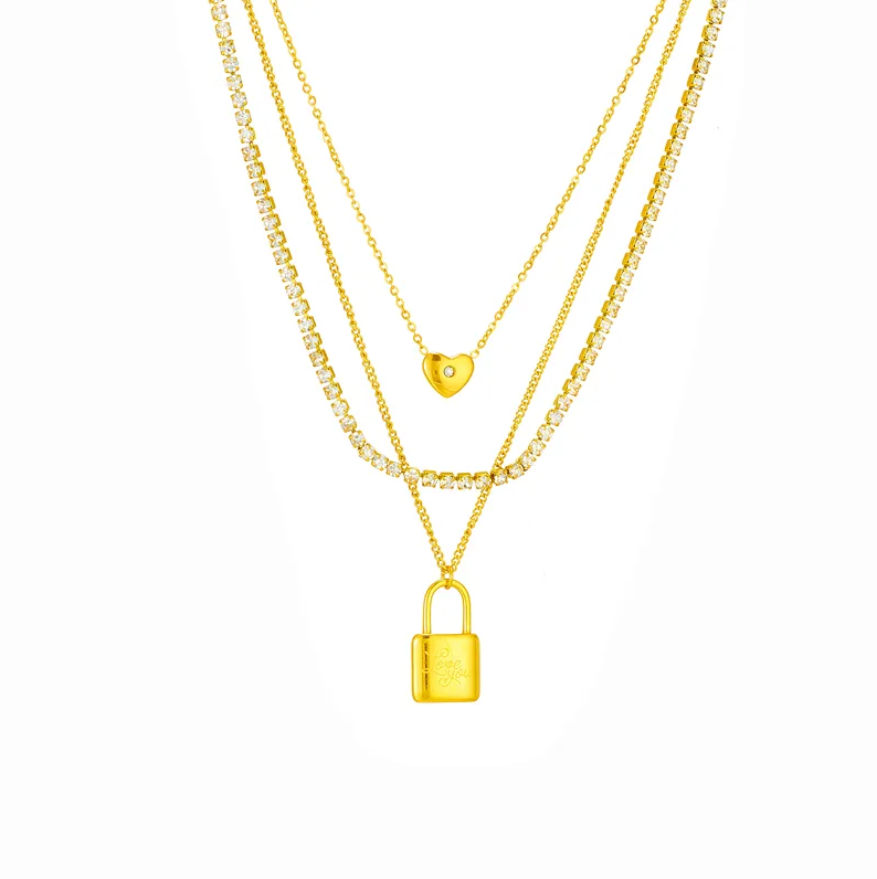 Gold Crystal Layered Lock Necklace - Necklace - 18k Gold Plated Waterproof Jewellery - Collection 9