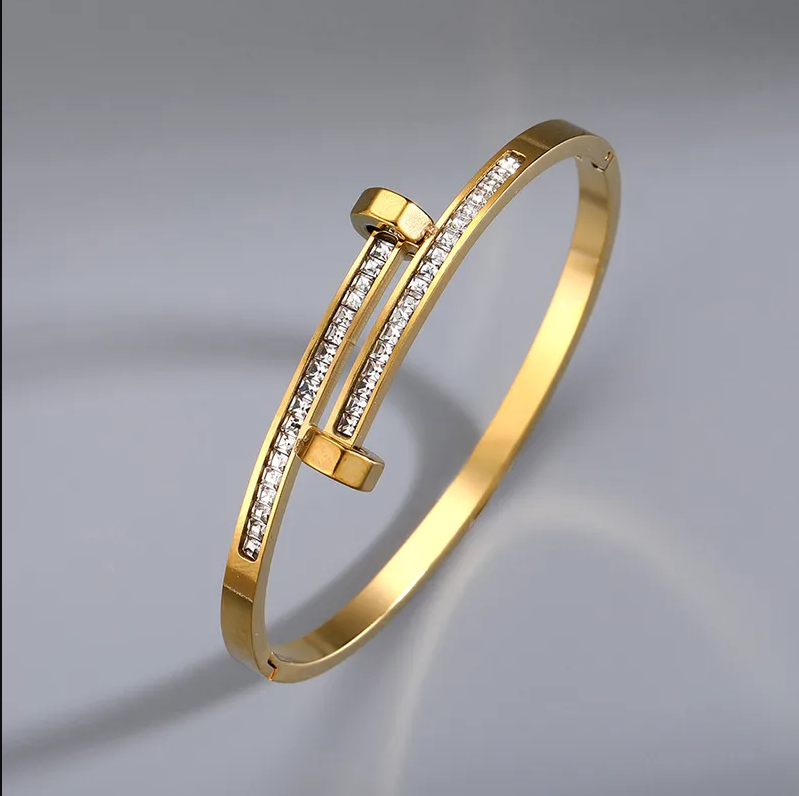 Gold Crystal Nail Bangle - Bracelet - 18k Gold Plated Waterproof Jewellery - Collection 9