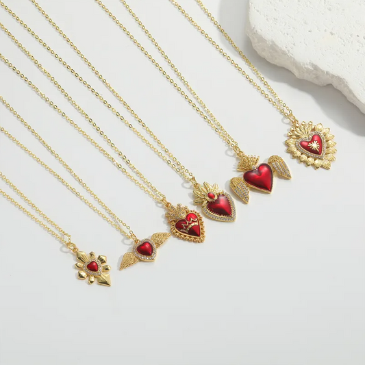 Gold Red Enamel Heart Sunburst Necklace - Necklace - 18k Gold Plated Waterproof Jewellery - Collection 9