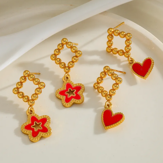 Gold Red Enamel Heart Drop Earrings - Earrings - 18k Gold Plated Waterproof Jewellery - Collection 9