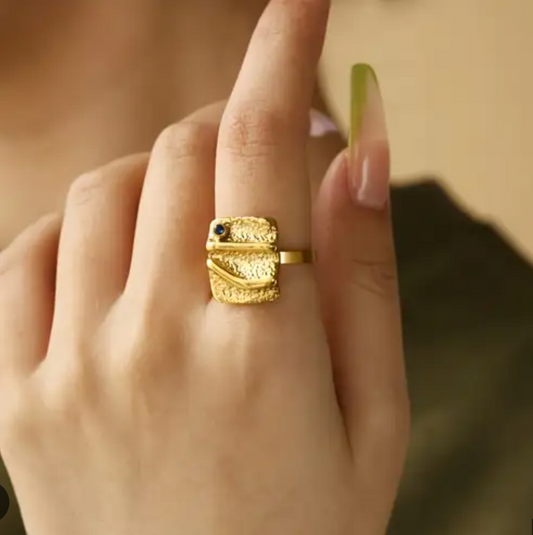 Gold Textured Square Ring - Rings - 18k Gold Plated Waterproof Jewellery - Collection 9