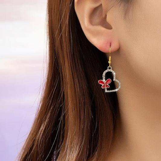 Red Butterfly Heart Earrings - Earrings - 18k Gold Plated Waterproof Jewellery - Collection 9