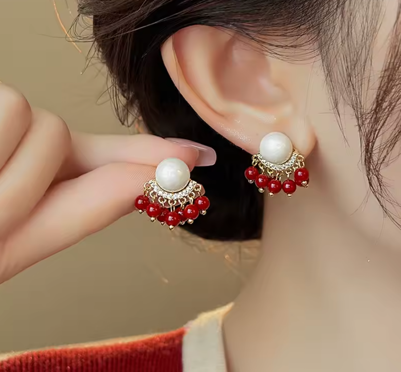 Gold Pearl Red Bead Earrings - Earrings - 18k Gold Plated Waterproof Jewellery - Collection 9