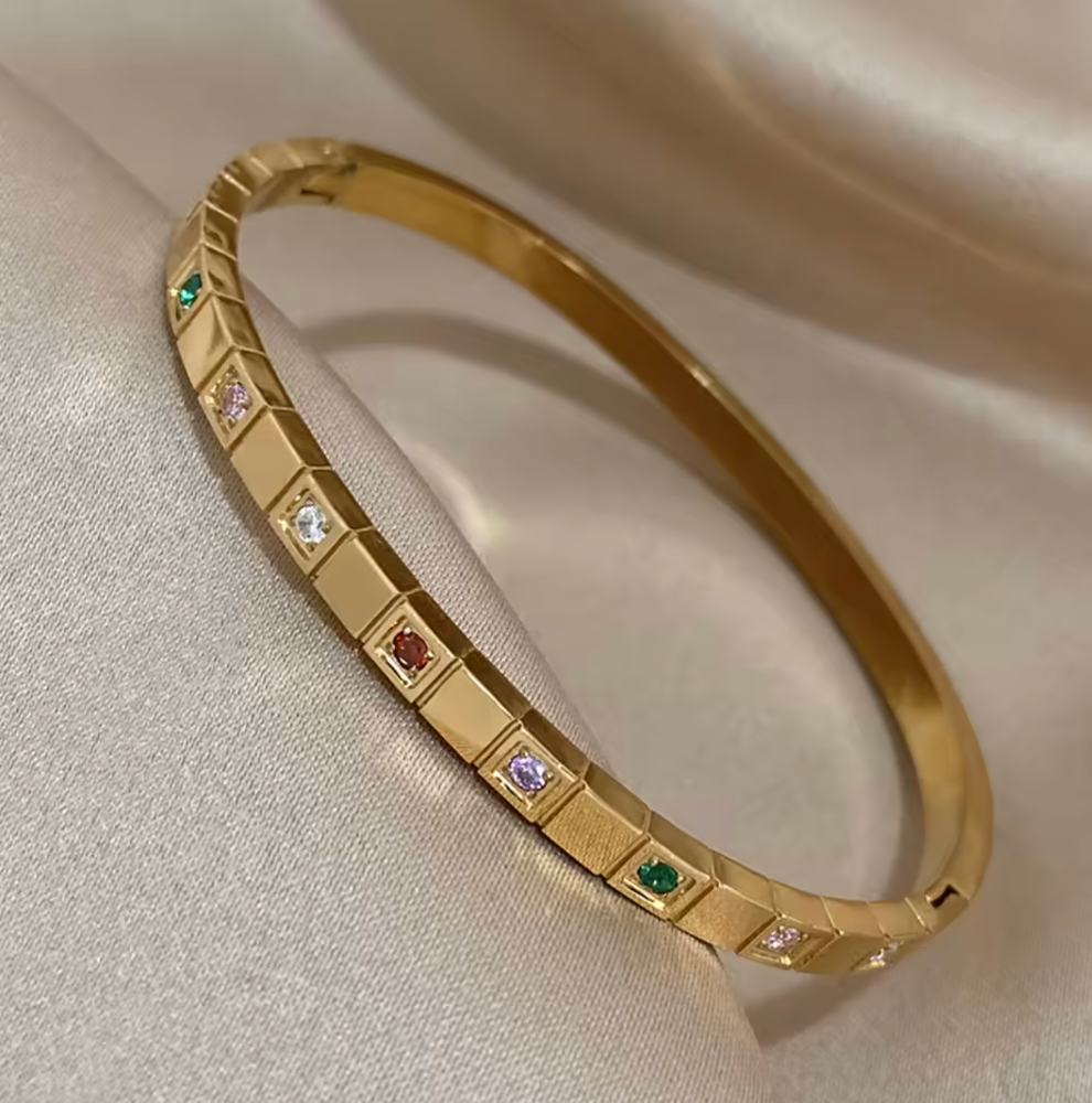 Gold Multi Color Stone Bangle - Bracelets - 18k Gold Plated Waterproof Jewellery - Collection 9