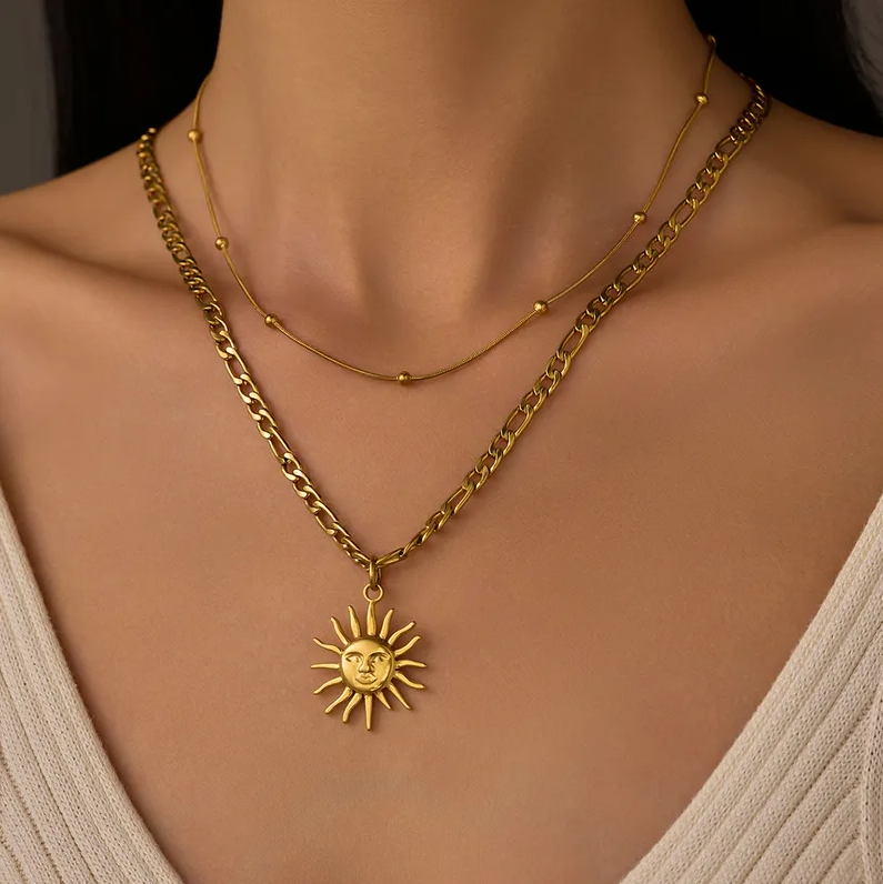 Gold Sun Moon Layered Necklace - Necklace - 18k Gold Plated Waterproof Jewellery - Collection 9