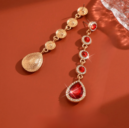Gold Red Crystal Teardrop Chain Earrings - Earrings - 18k Gold Plated Waterproof Jewellery - Collection 9