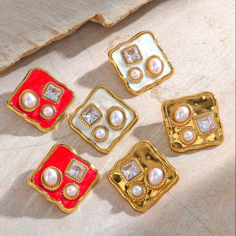 Gold Red Enamel Pearl Stud Earrings - Earrings - 18k Gold Plated Waterproof Jewellery - Collection 9
