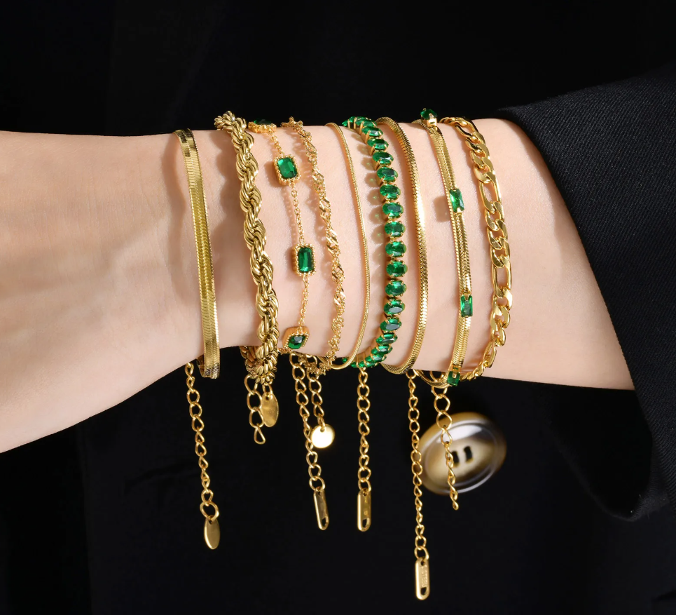 Gold Green Crystal Tennis Bracelet - Bracelet - 18k Gold Plated Waterproof Jewellery - Collection 9