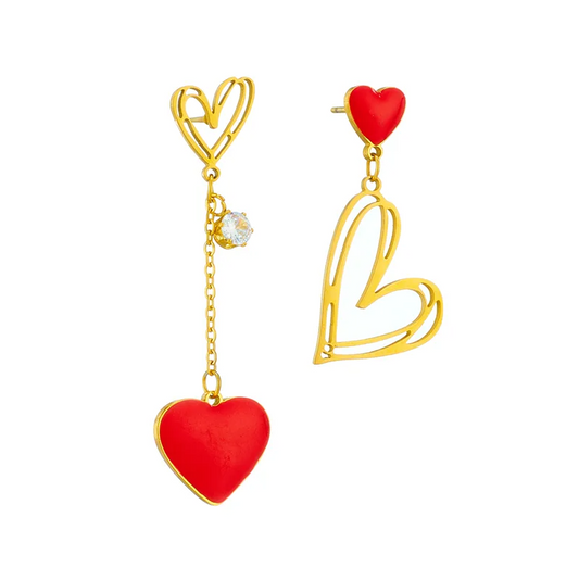 Gold Red Heart Asymmetric Drop Earrings - Earrings - 18k Gold Plated Waterproof Jewellery - Collection 9