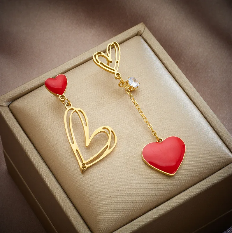 Gold Red Heart Asymmetric Drop Earrings - Earrings - 18k Gold Plated Waterproof Jewellery - Collection 9
