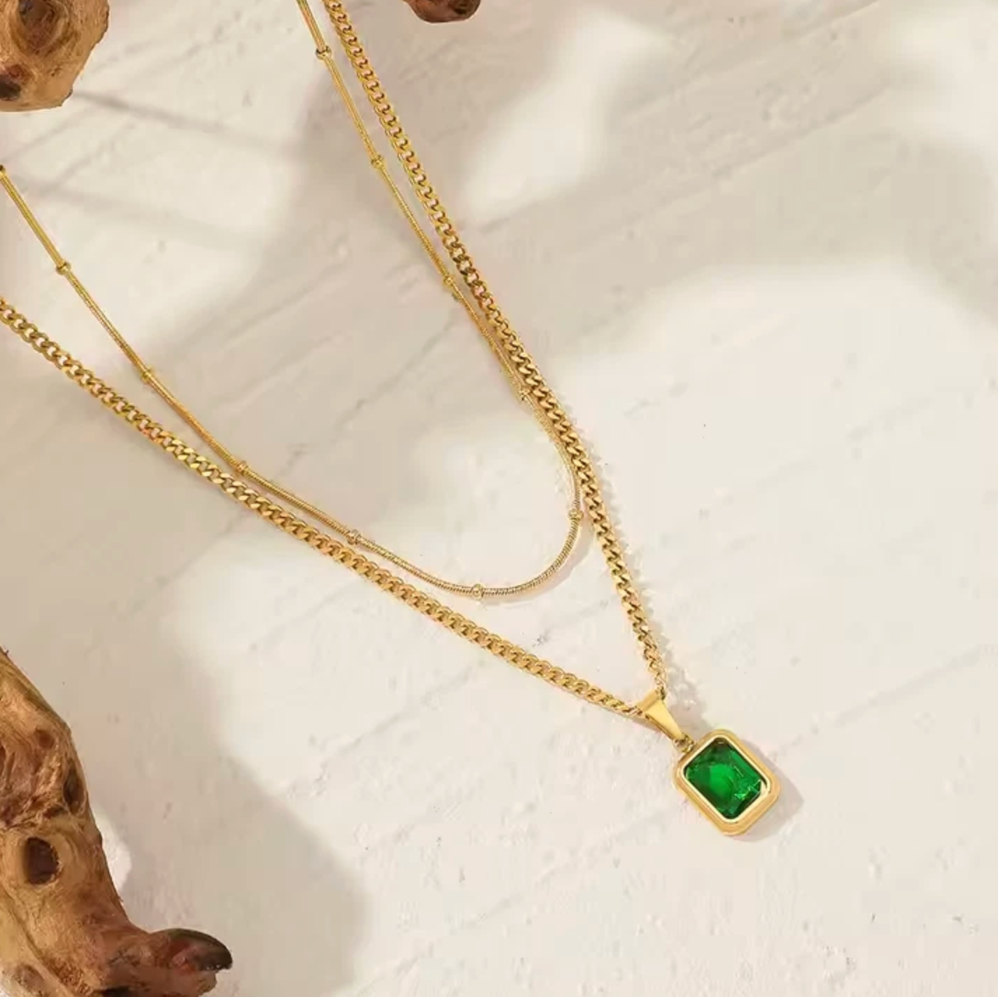 Gold Green Stone Layered Necklace - Necklace - 18k Gold Plated Waterproof Jewellery - Collection 9