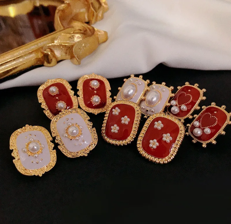Gold Red Enamel Heart Pearl Stud Earrings - Earrings - 18k Gold Plated Waterproof Jewellery - Collection 9