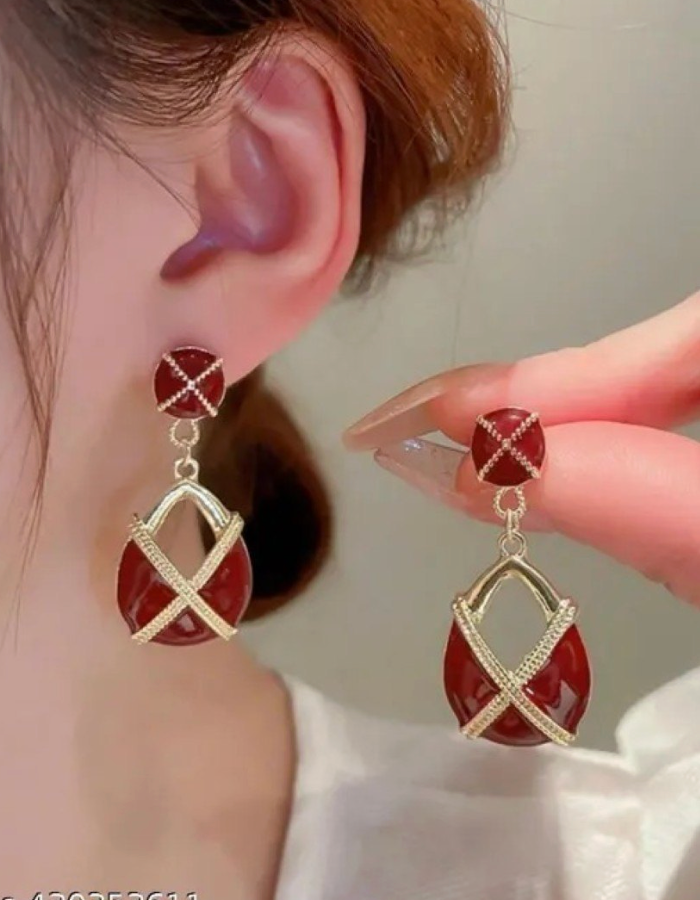 Gold Red Enamel Geometric Drop Earrings - Earrings - 18k Gold Plated Waterproof Jewellery - Collection 9