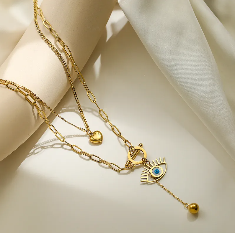 Gold Evil Eye Heart Layered Necklace - Necklace - 18k Gold Plated Waterproof Jewellery - Collection 9