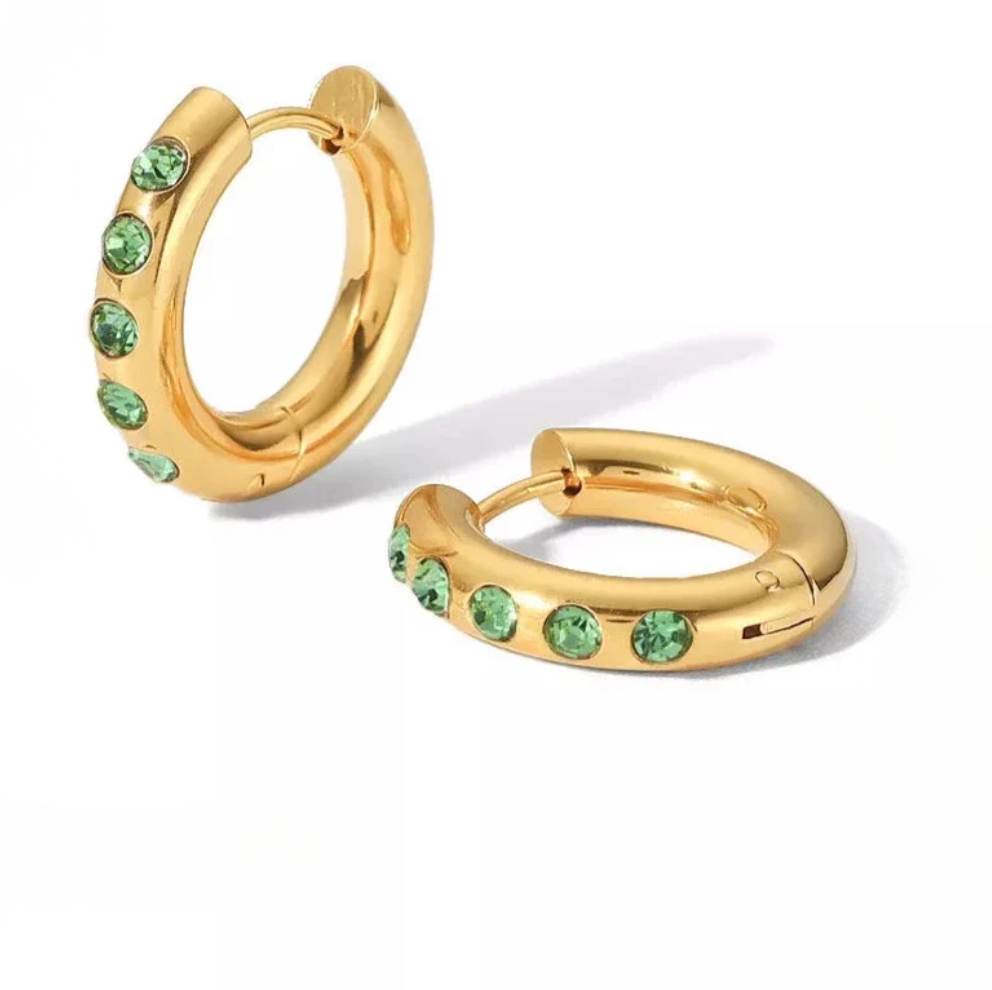 Gold Green Crystal Hoop Earrings - Earrings - 18k Gold Plated Waterproof Jewellery - Collection 9