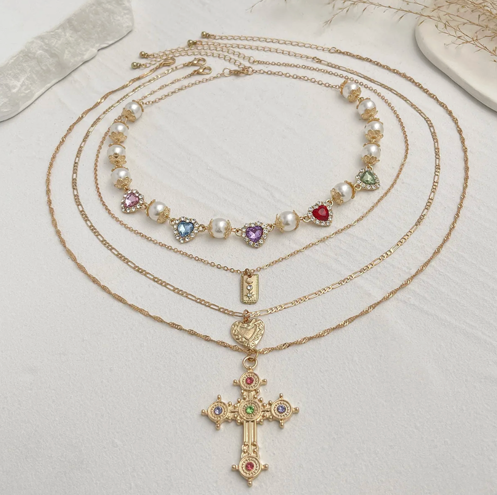 Gold Multi-Layer Cross Pearl Necklace Set - Necklace - 18k Gold Plated Waterproof Jewellery - Collection 9