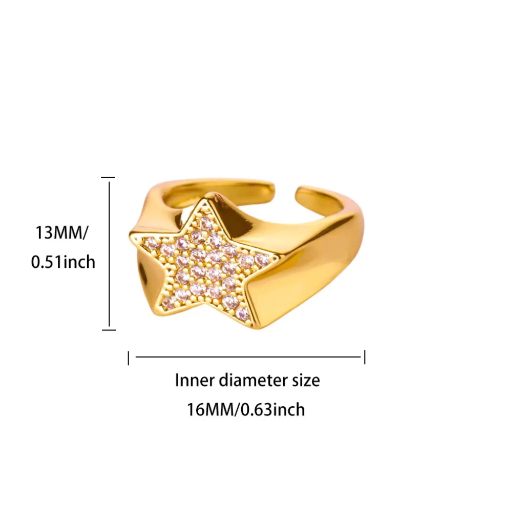 Gold Crystal Star Open Ring - Ring - 18k Gold Plated Waterproof Jewellery - Collection 9