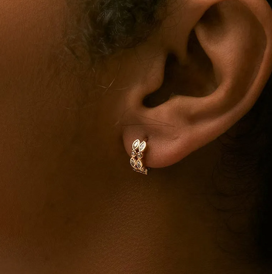 Gold Zircon Leaf Huggie Earrings - - 18k Gold Plated Waterproof Jewellery - Collection 9