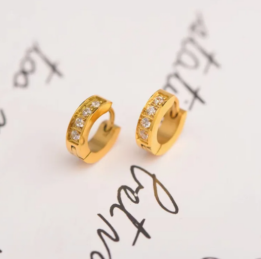 Gold Crystal Chain Huggie Earrings - - 18k Gold Plated Waterproof Jewellery - Collection 9