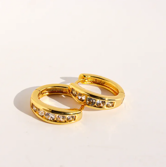 Gold Channel Set Crystal Huggie Earrings - - 18k Gold Plated Waterproof Jewellery - Collection 9