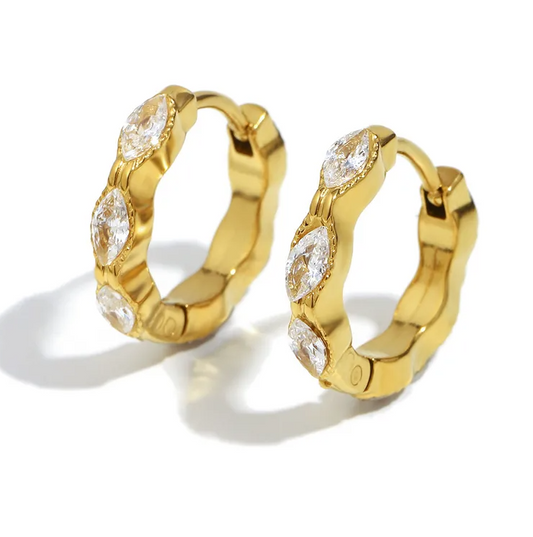 Gold Marquise Crystal Huggie Earrings - - 18k Gold Plated Waterproof Jewellery - Collection 9
