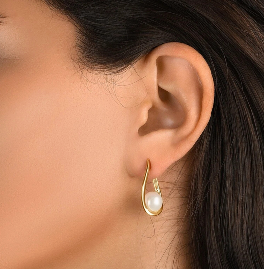 Gold Teardrop Freshwater Pearl Earrings - - 18k Gold Plated Waterproof Jewellery - Collection 9