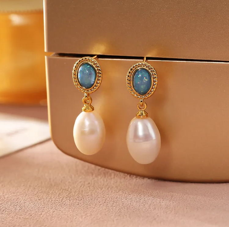 Gold Blue Stone Freshwater Pearl Drop Earrings - - 18k Gold Plated Waterproof Jewellery - Collection 9