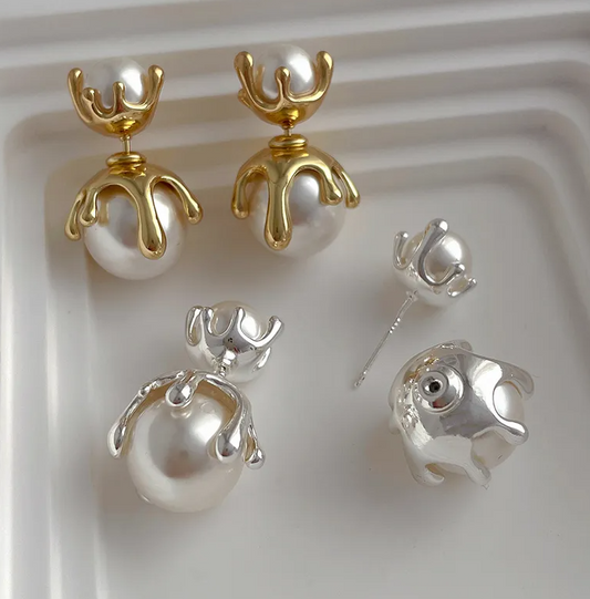Silver Reindeer Freshwater Pearl Stud Earrings - - 18k Gold Plated Waterproof Jewellery - Collection 9