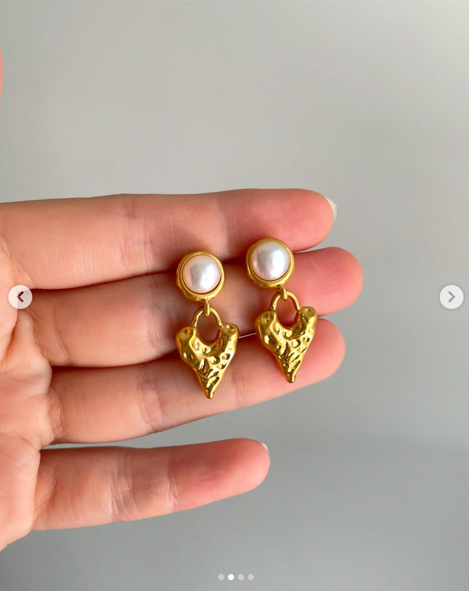 Gold Textured Freshwater Pearl Drop Earrings - - 18k Gold Plated Waterproof Jewellery - Collection 9