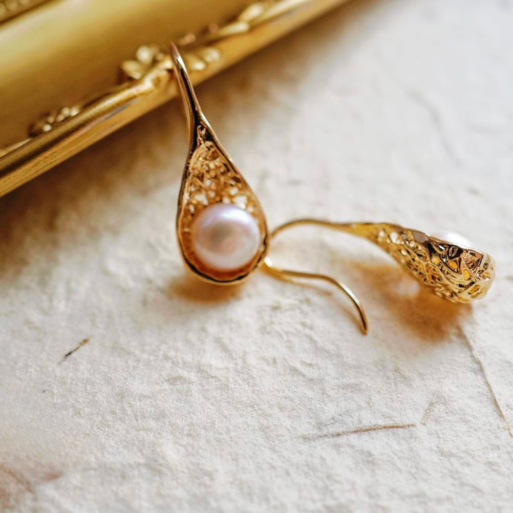 Gold Filigree Teardrop Freshwater Pearl Stud Earrings - - 18k Gold Plated Waterproof Jewellery - Collection 9