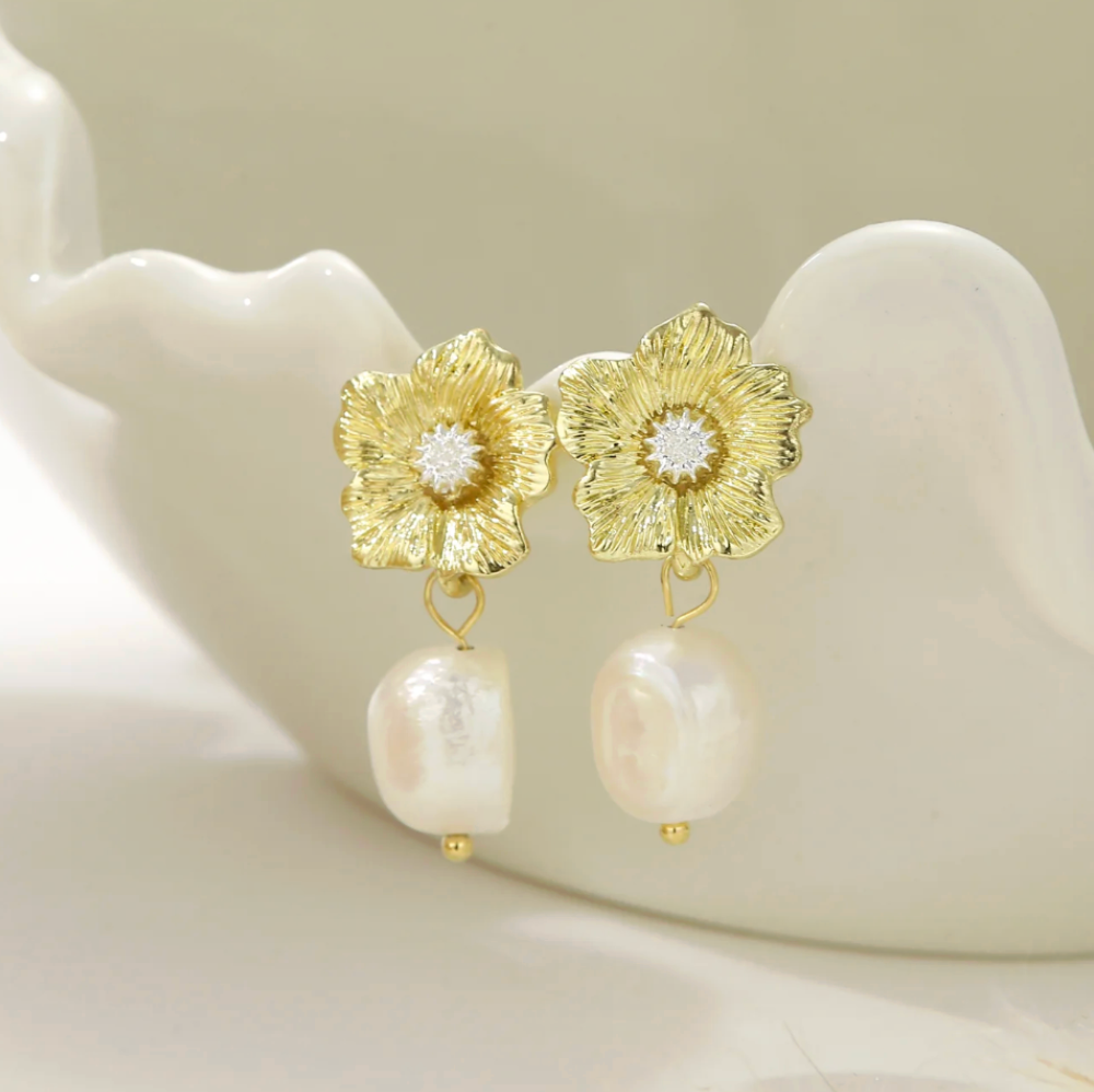 Gold Crystal Flower Freshwater Pearl Drop Earrings - - 18k Gold Plated Waterproof Jewellery - Collection 9