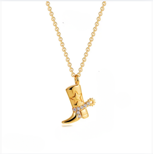 Gold Cowboy Boot Star Crystal Pendant Necklace - - 18k Gold Plated Waterproof Jewellery - Collection 9