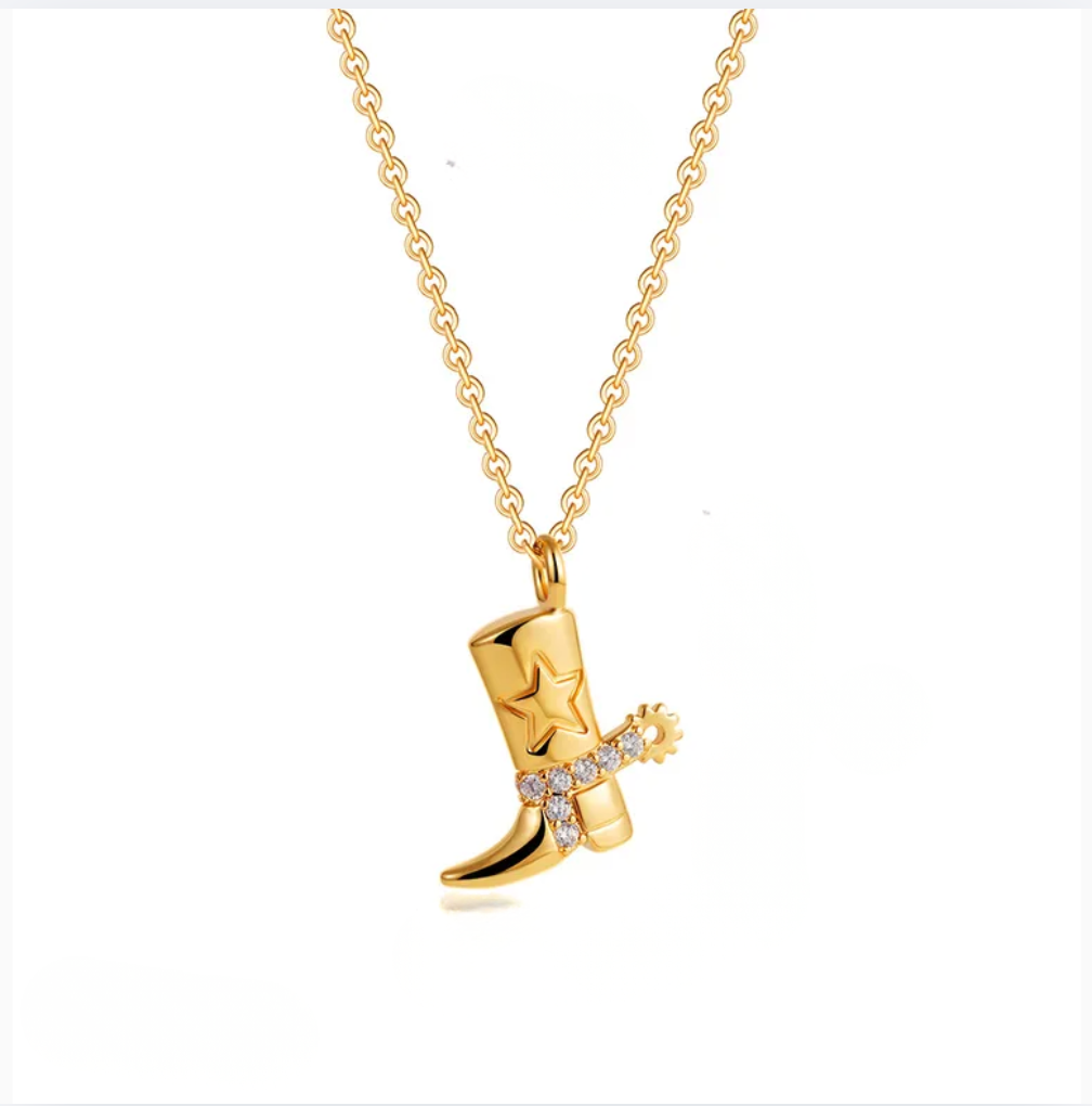 Gold Cowboy Boot Star Crystal Pendant Necklace - - 18k Gold Plated Waterproof Jewellery - Collection 9