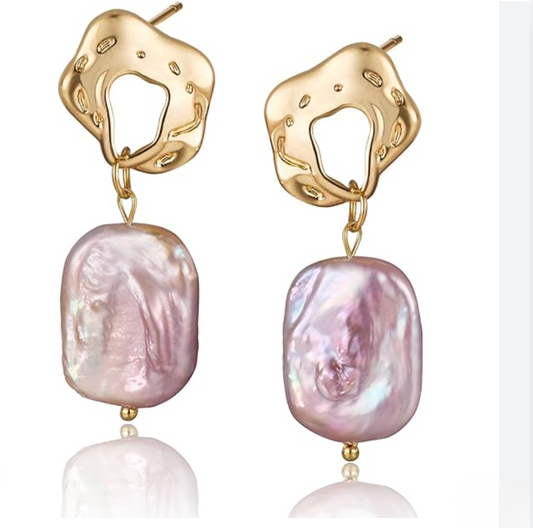 Gold Abstract Baroque Freshwater Pearl Drop Earrings - - 18k Gold Plated Waterproof Jewellery - Collection 9