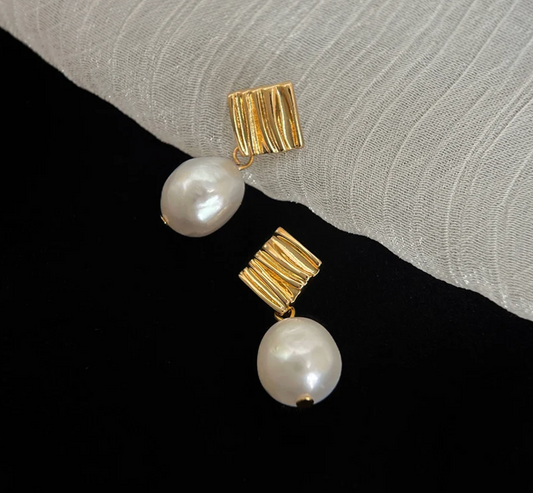 Gold Ribbed Square Freshwater Pearl Drop Earrings - - 18k Gold Plated Waterproof Jewellery - Collection 9