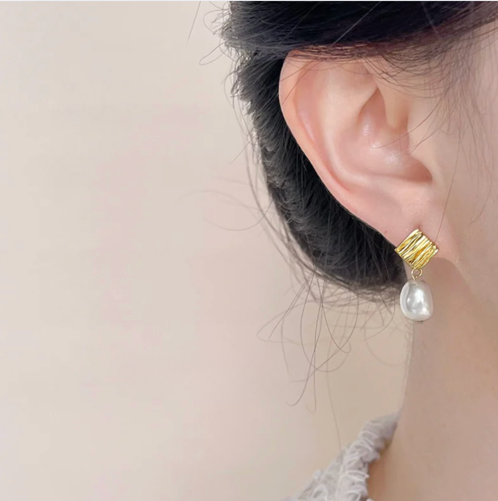 Gold Ribbed Square Freshwater Pearl Drop Earrings - - 18k Gold Plated Waterproof Jewellery - Collection 9