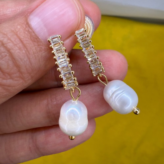 Gold Crystal Bar Freshwater Pearl Drop Earrings - - 18k Gold Plated Waterproof Jewellery - Collection 9
