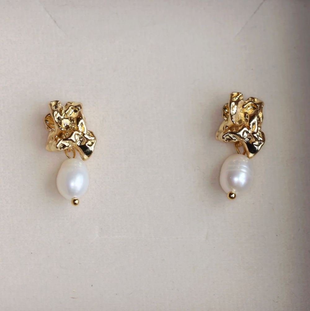 Gold Crumpled Metal Freshwater Pearl Drop Earrings - - 18k Gold Plated Waterproof Jewellery - Collection 9