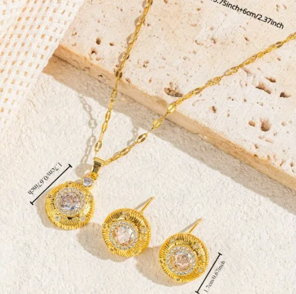 Gold Textured Disc Crystal Jewelry Set - - 18k Gold Plated Waterproof Jewellery - Collection 9