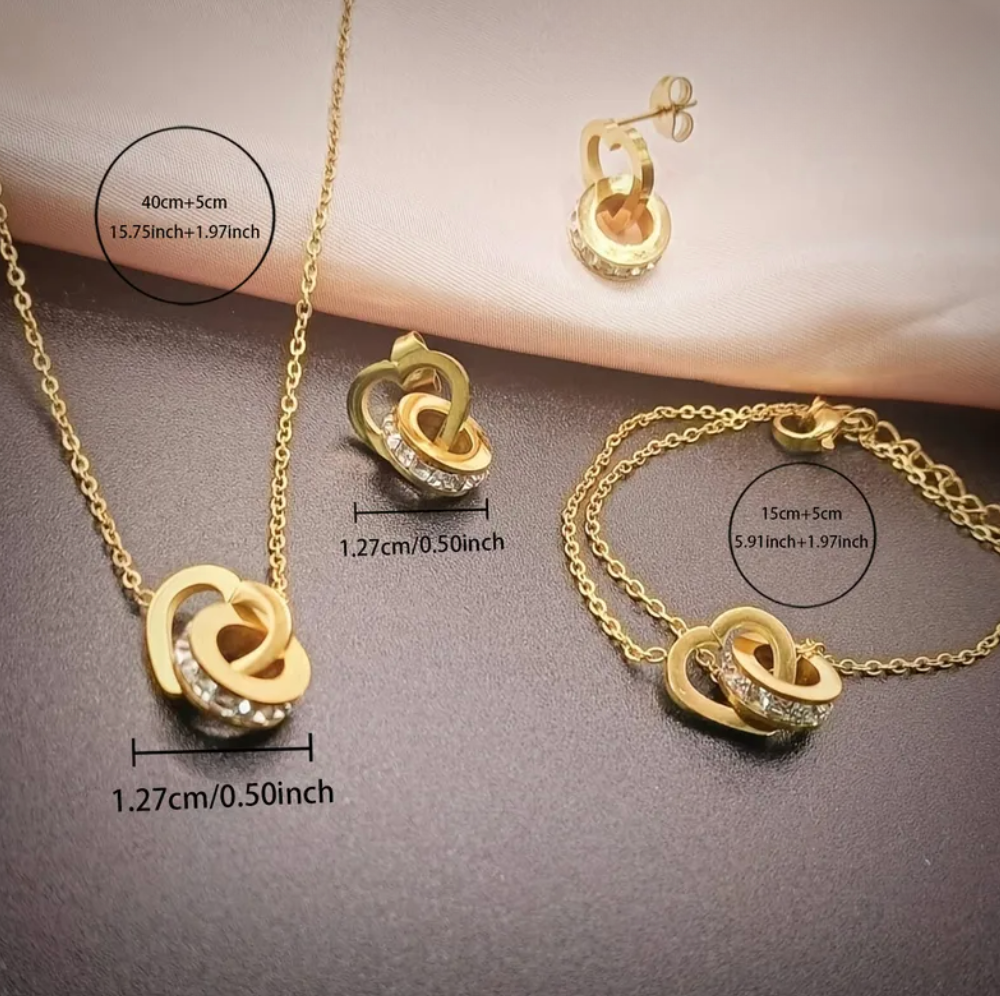Gold Interlocking Circle Crystal Jewelry Set - - 18k Gold Plated Waterproof Jewellery - Collection 9