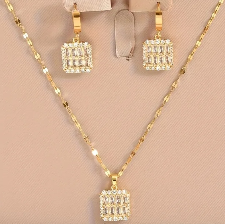 Gold Baguette Crystal Square Jewelry Set - - 18k Gold Plated Waterproof Jewellery - Collection 9
