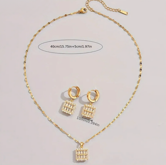 Gold Baguette Crystal Square Jewelry Set - - 18k Gold Plated Waterproof Jewellery - Collection 9