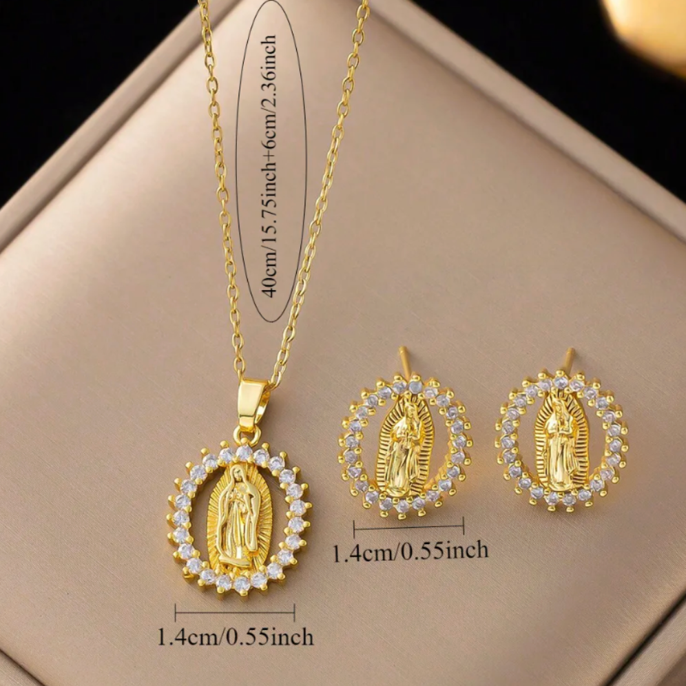 Gold Virgin Mary Crystal Halo Jewelry Set - - 18k Gold Plated Waterproof Jewellery - Collection 9